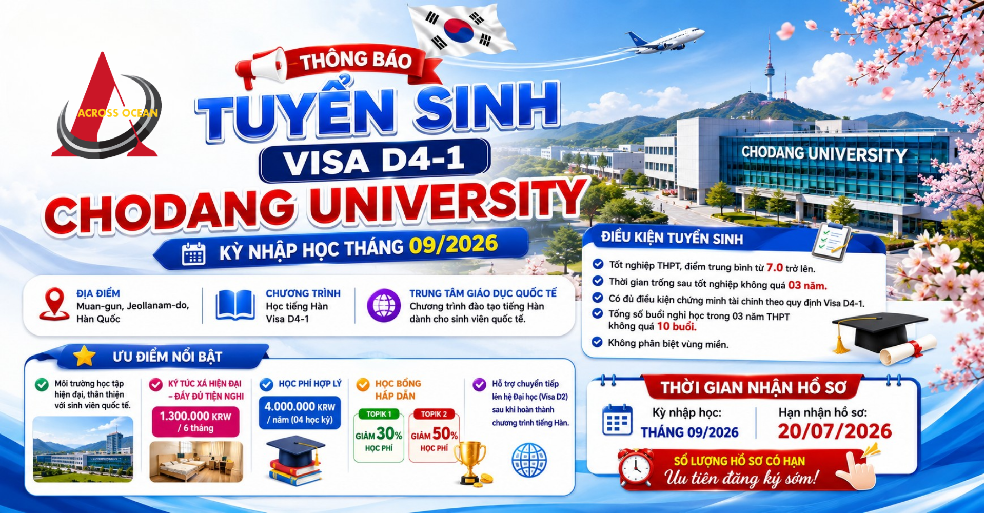 Trường Đại Học Chodang Hàn Quốc Tuyển Sinh Visa D4-1 Kỳ Tháng 09/2026